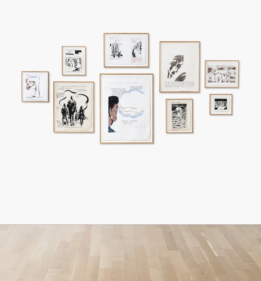 UNTITLED (JUMP!); UNTITLED (POOL-SIDE AT THE WHITE HOUSE); UNTITLED (WANTING IT WASHINGTON MONUMENT-BIG); UNTITLED (SO MUCH OF THE LIFE OF MY TIME); UNTITLED (THE POLAROID COURT); UNTITLED (RABBITS FAR OUTLIVE US); UNTITLED (TREADING UNDERTOW); UNTITLED; UNTITLED (I DARE NOT MOVE MY DIM EYES ANY WAY) [NINE WORKS] by Raymond Pettibon