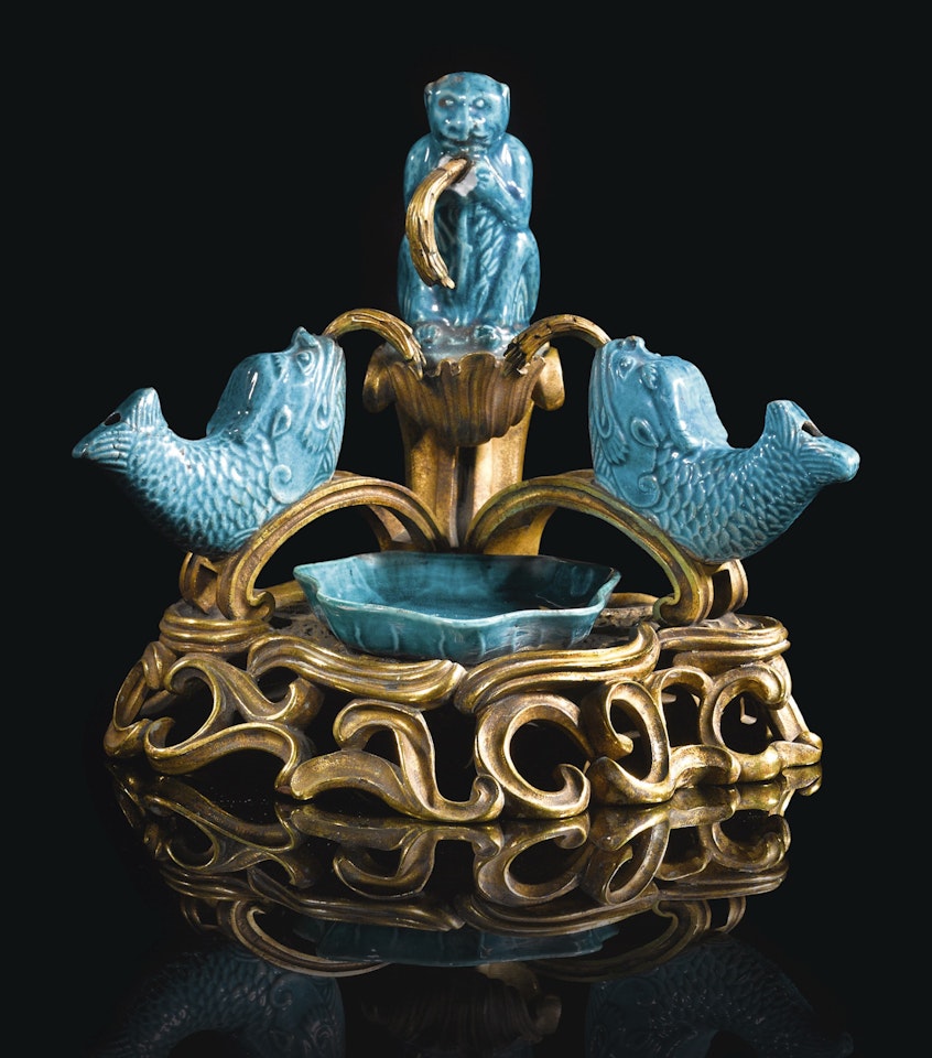 A Louis XV style gilt-bronze mounted turquoise-glazed Chinese porcelain fountain
 by Anonymous