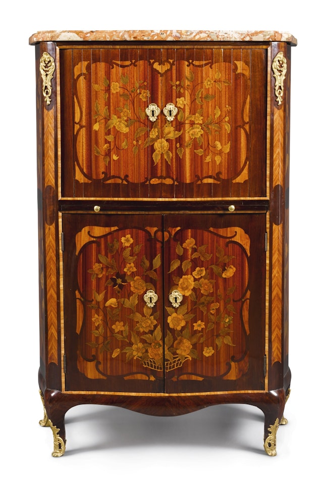 A Louis XV gilt-bronze-mounted amaranth, kingwood, tulipwood and floral marquetry secrétaire à rideau by Adrien Delorme by Anonymous