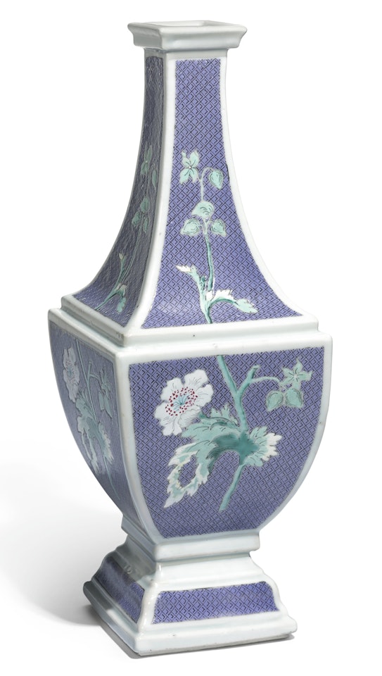 A RARE LILAC-GROUND FAMILLE-ROSE ‘PRONK’ SQUARE VASE by Anonymous