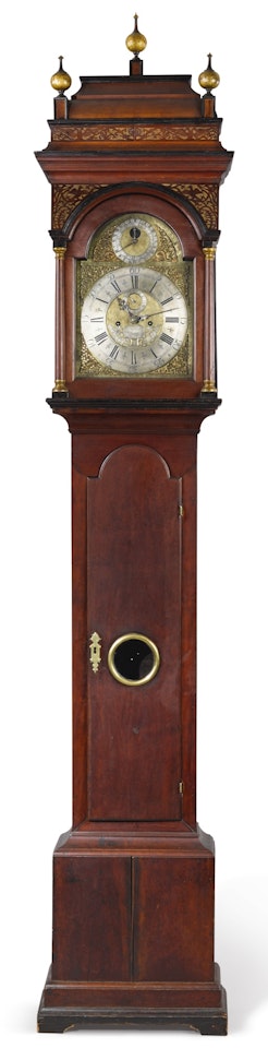 Extremely Rare Queen Anne Carved Cherrywood Tall-Case Clock, works by Peter Stretch, case attributed to John Head by Anonymous