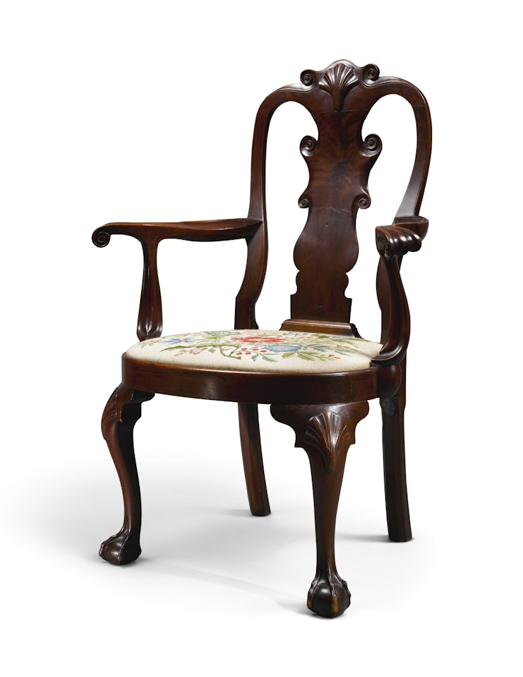 Exceptional Queen Anne Carved and Figured Walnut Compass-Seat Open Armchair by Anonymous