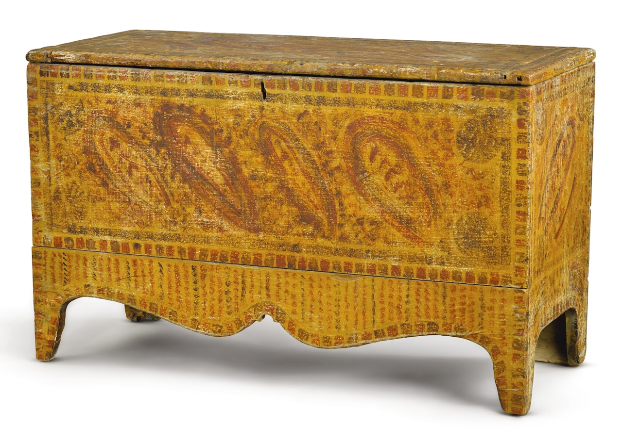Red and Yellow Grain Paint-Decorated Pine Blanket Chest by Anonymous