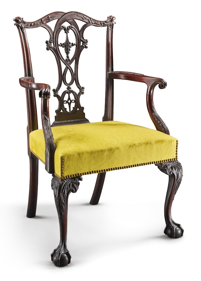 The Important Charles Thomson Chippendale Carved and Figured Mahogany Armchair, carving attributed to John Pollard by Anonymous