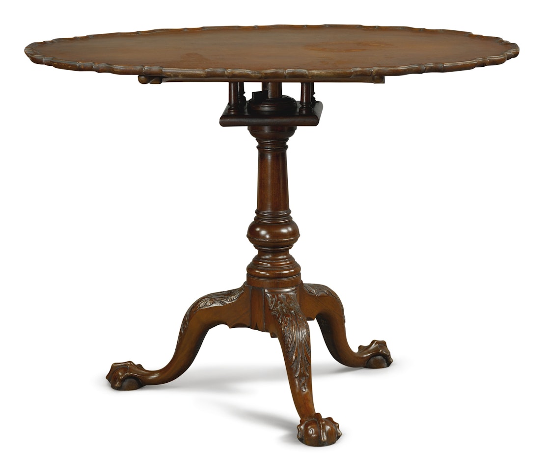 Very Fine and Rare Chippendale Carved and Figured Mahogany Piecrust Tilt-Top Tea Table by Anonymous