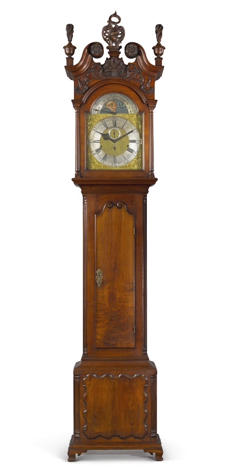 Very Rare Chippendale Carved and Figured Mahogany Tall-Case Clock, carving attributed to the 'Garvan carver', musical works possibly by Moellinger by Anonymous