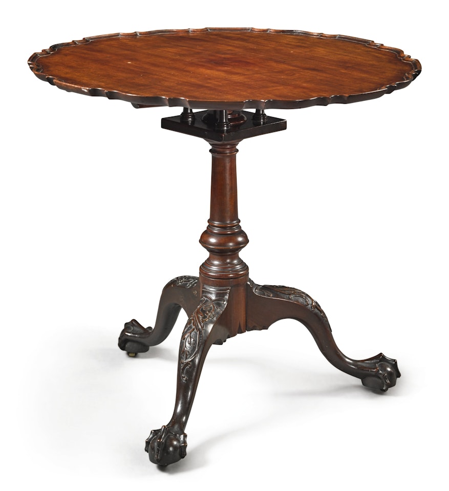 The Important Hollingsworth-Humphreys Family Chippendale Carved and Figured Piecrust Tilt-Top Tea Table, probably from the workshop of Thomas Affleck, carving attributed to John Pollard by Anonymous