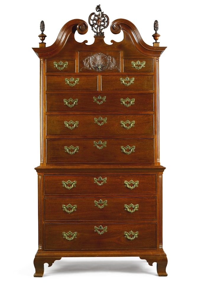 Very Rare and Fine Chippendale Carved and Figured Mahogany Bonnet-Top Chest-on-Chest, attributed to the workshop of George Claypoole, carving attributed to 'Nicholas Bernard' by Anonymous