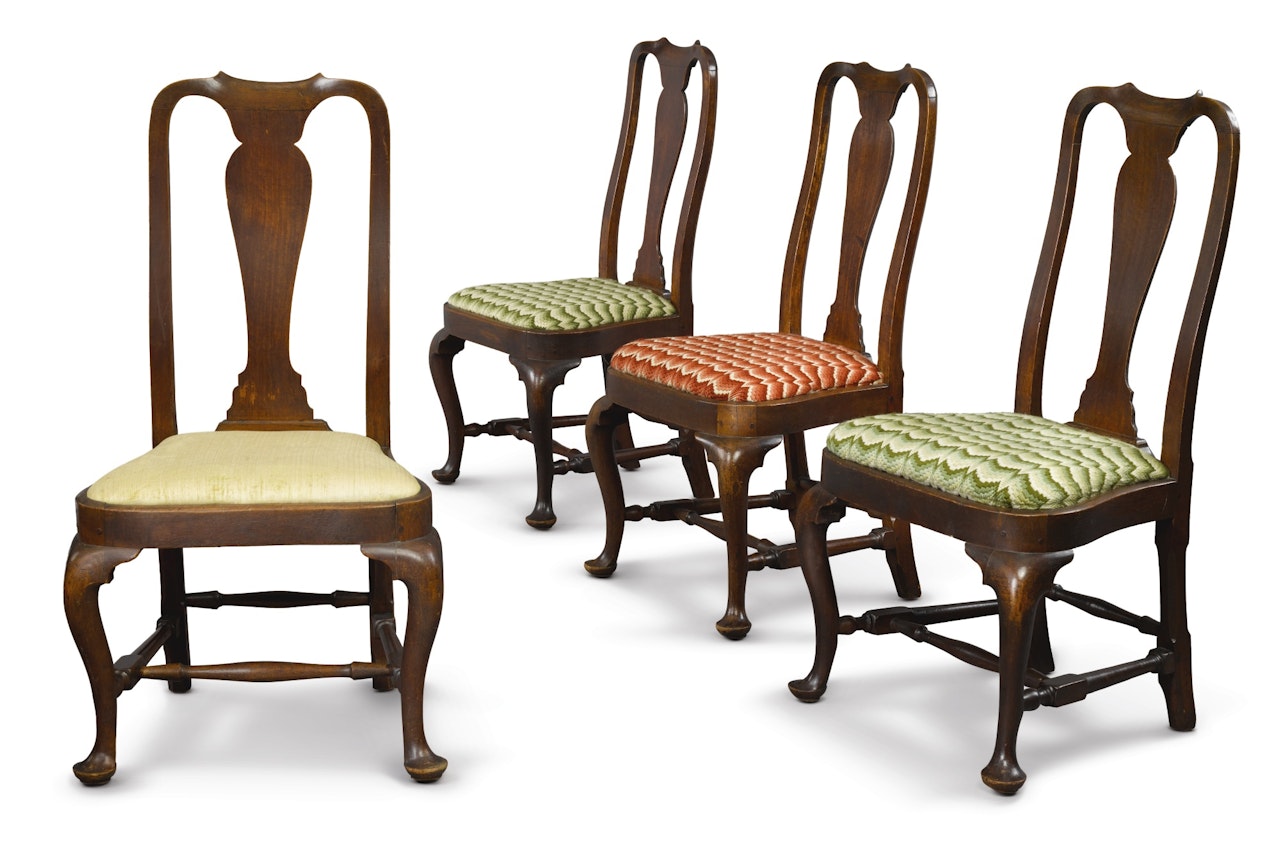 Set of Four Queen Anne Walnut Compass-Seat Side Chairs by Anonymous