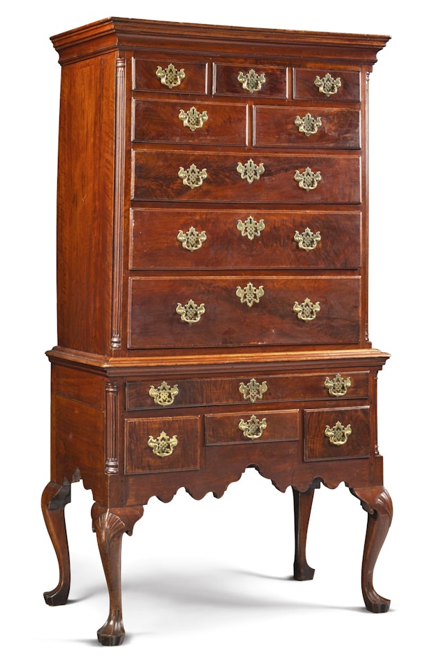 Very Fine and Rare Queen Anne Carved and Figured Walnut High Chest of Drawers by Anonymous