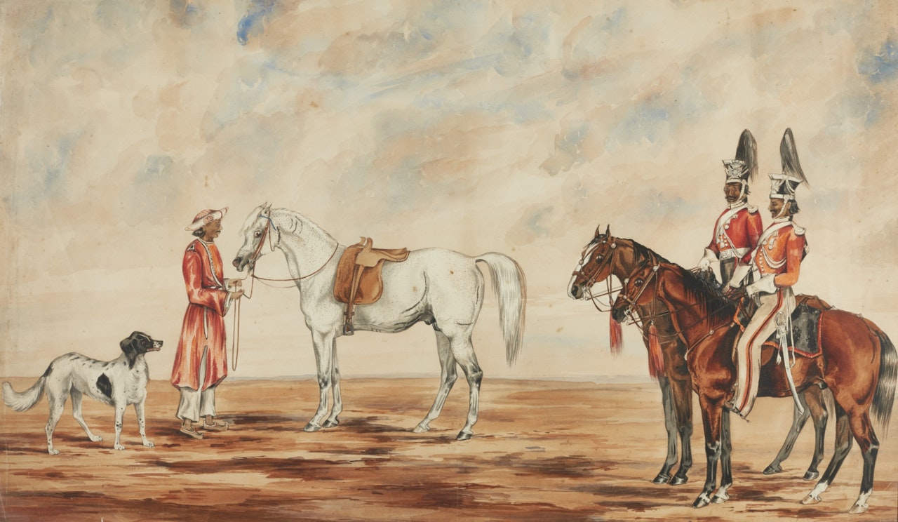 TWO SOLDIERS ON HORSEBACK WITH THE MARQUESS OF DALHOUSIE'S FAVOURITE ARAB HORSE, MAHARAJA, AND THE MARCHIONESS'S FAVOURITE DOG, MINNA by English School