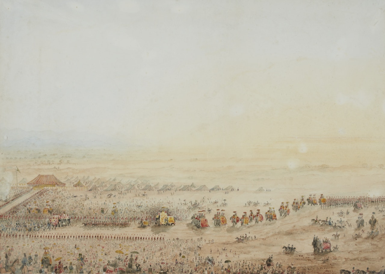 THE MARQUESS OF DALHOUSIE PROCEEDING IN STATE TO RETURN THE VISIT OF THE MAHARAJA GULAB SINGH AT CAMP WUZEERABAD ON THE 27 DECEMBER 1851 by English School