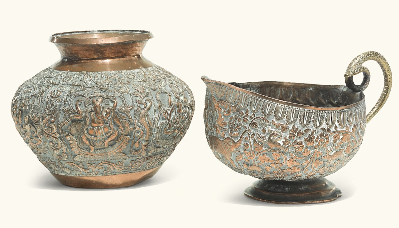 Two brass vessels worked in repoussé by Anonymous