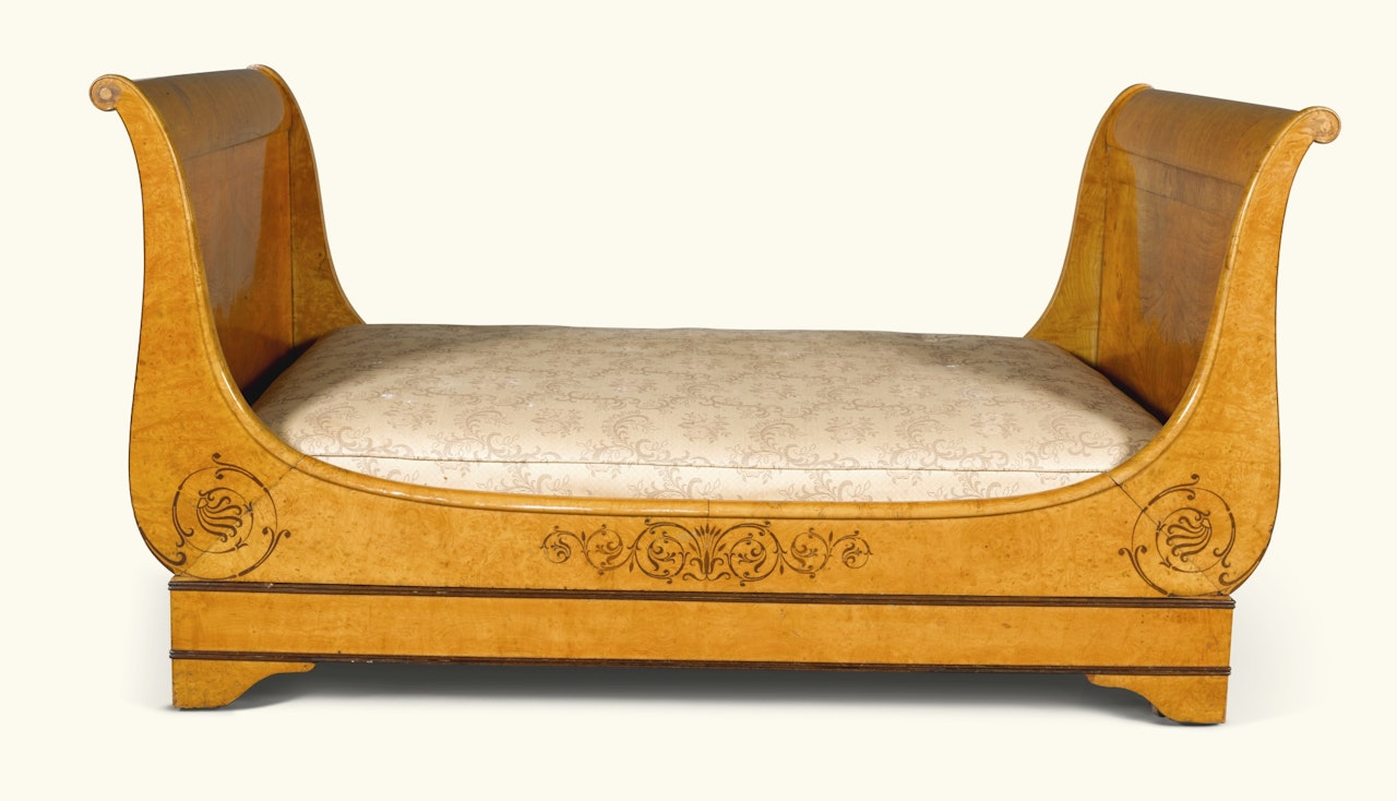 A Charles X birdseye maple and rosewood inlaid lit en bateau  by Anonymous