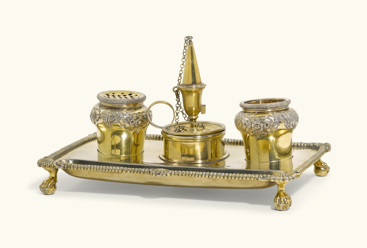 A George II silver-gilt two bottle inkstand by Anonymous