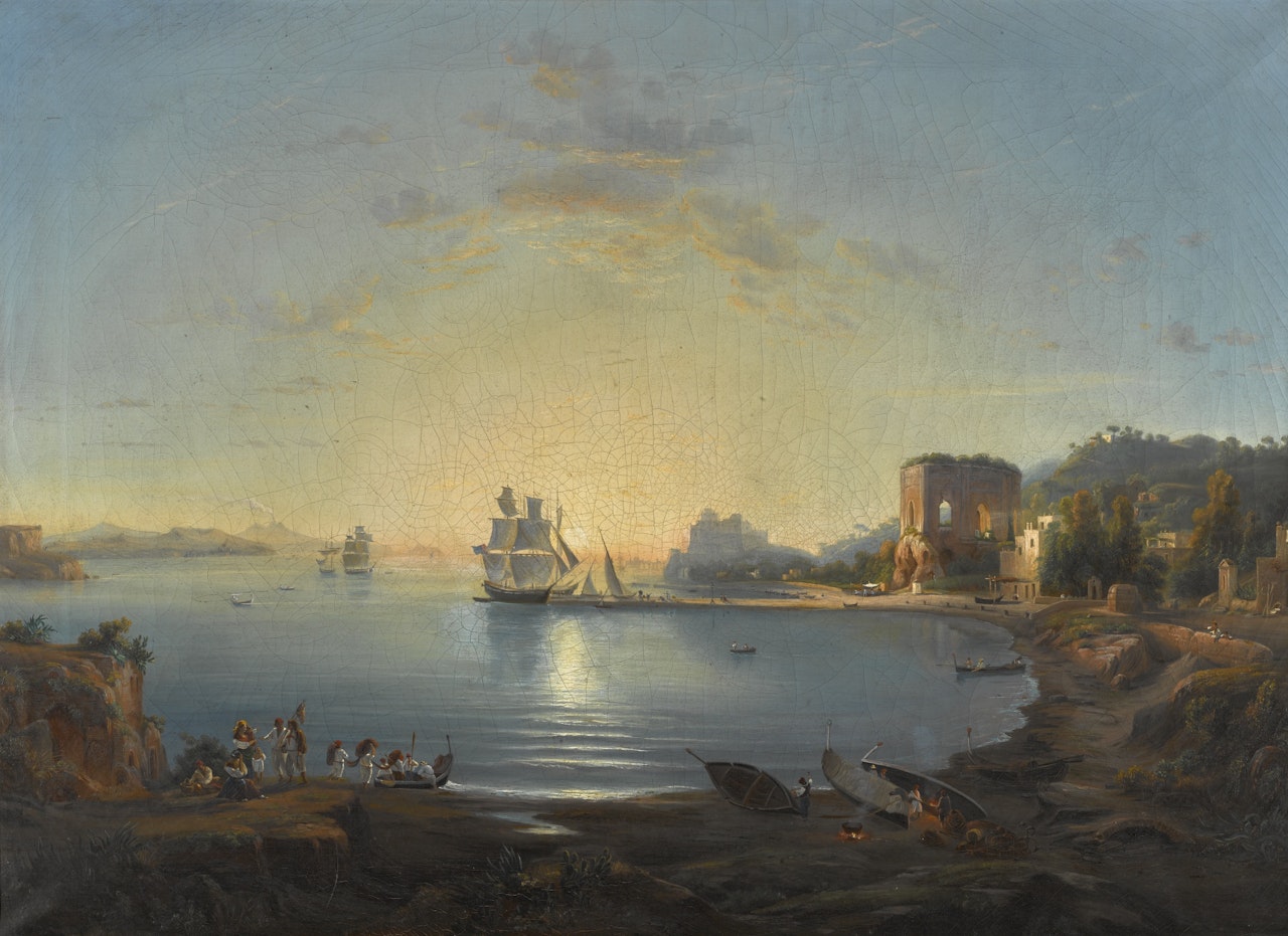 MEDITERRANEAN SEASCAPE, WITH FISHING BOATS ON THE BEACH, A RUIN AND A CASTLE BEYOND by Neapolitan School