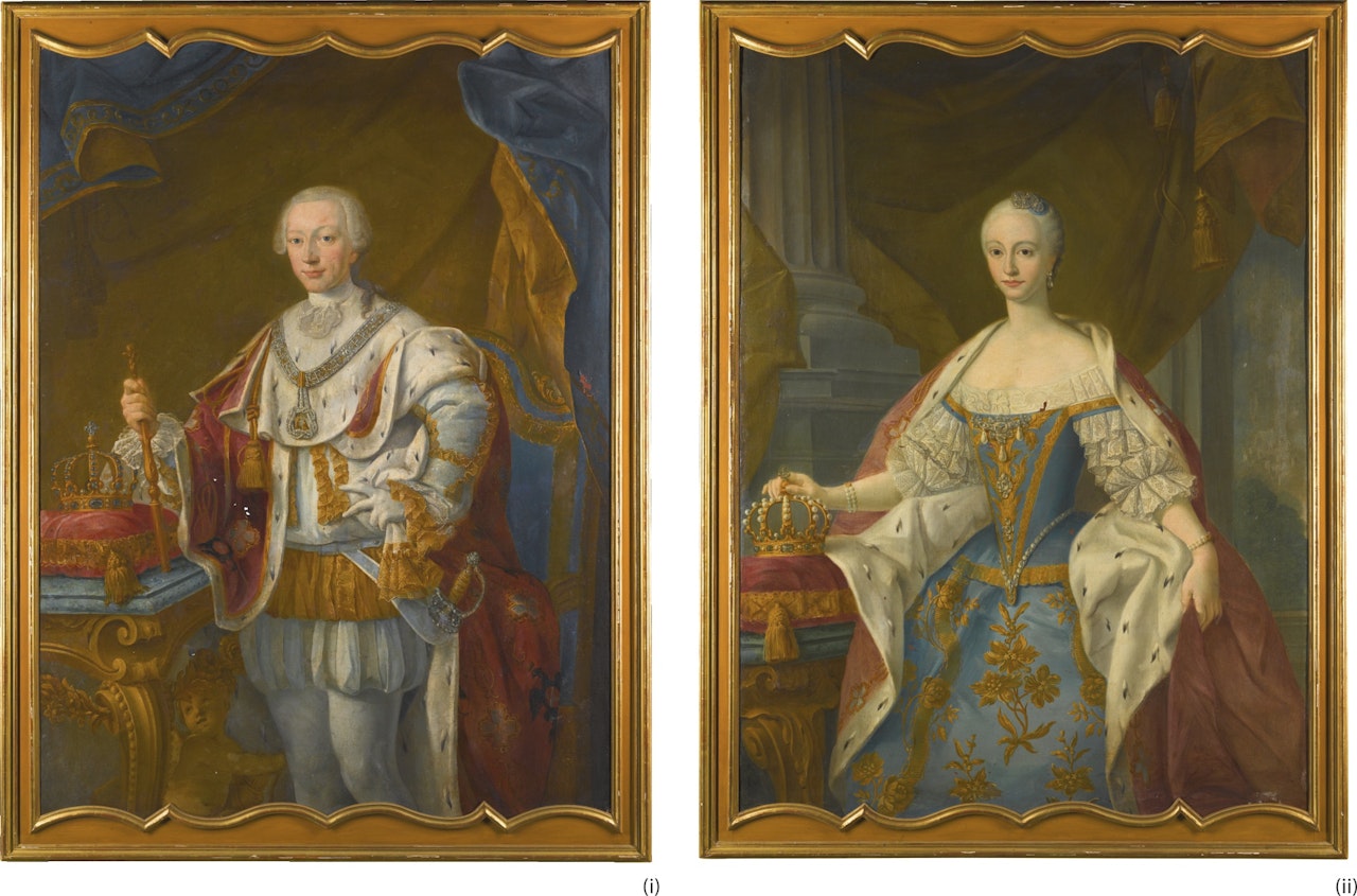 PORTRAIT OF FERDINAND IV OF THE KINGDOM OF NAPLES, ALSO CALLED FERDINAND III OF THE KINGDOM OF SICILY, LATER FERDINAND I OF THE TWO SICILIES (1751-1825), WEARING THE SUPREME ORDER OF THE MOST HOLY ANNUNCIATION ROUND HIS NECK; PORTRAIT PROBABLY OF MARIA AMALIA OF SAXONY (1724–1760), CONSORT OF CHARLES III OF SPAIN, MOTHER OF FERDINAND I OF THE TWO SICILIES.
 by Neapolitan School