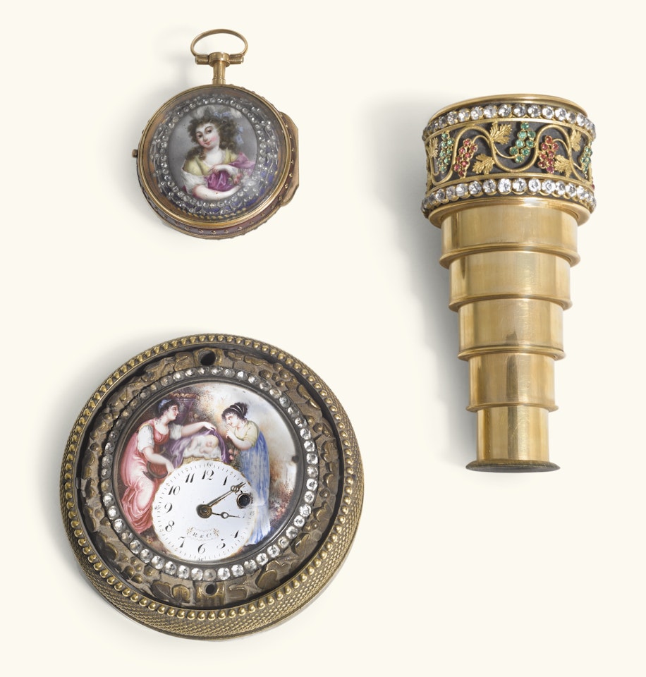 Two timepieces and a spy glass by Anonymous