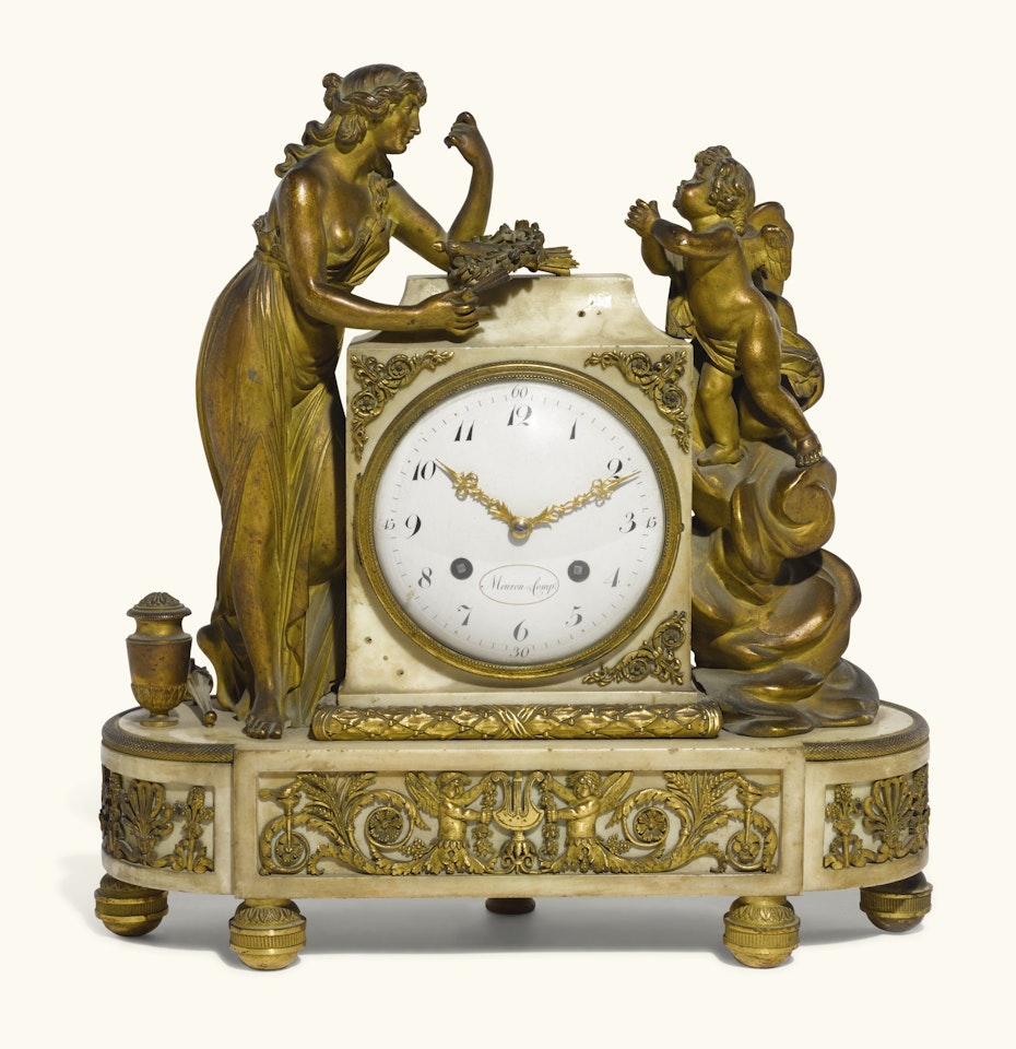 A gilt-bronze and white marble quarter striking mantel clock by Anonymous