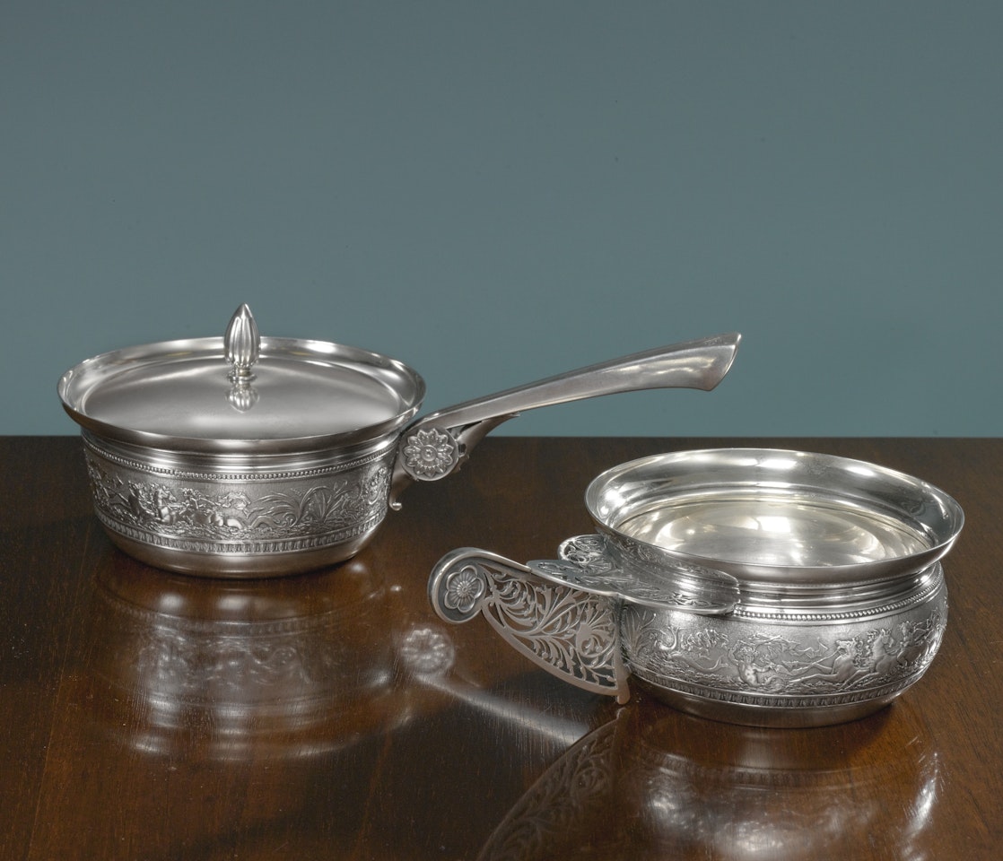 An American silver porringer and matching covered saucepan, Gorham Mfg. Co. by Anonymous
