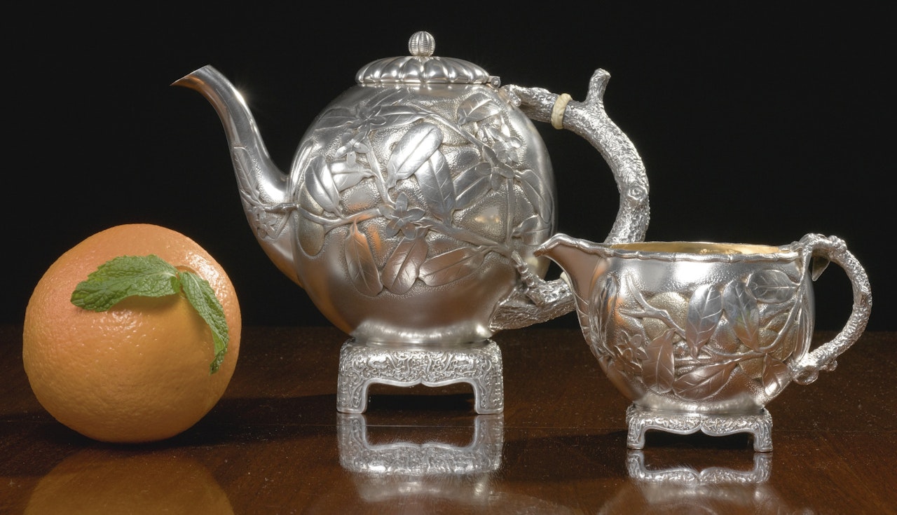 An American Silver Japanese Style Teapot And Creamer, Gorham Mfg. Co. by Anonymous