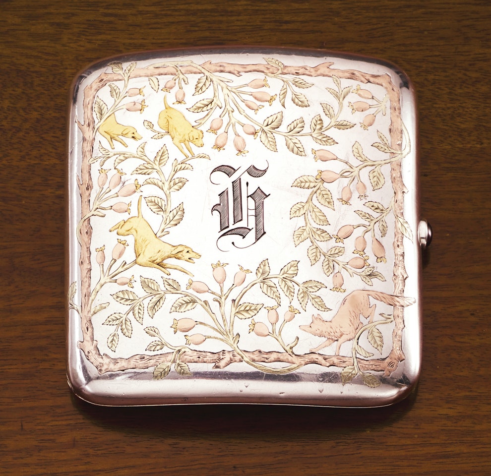 An American Silver And Three-Color Gold Foxhunting Cigarette Case, Gorham Mfg. Co. by Anonymous