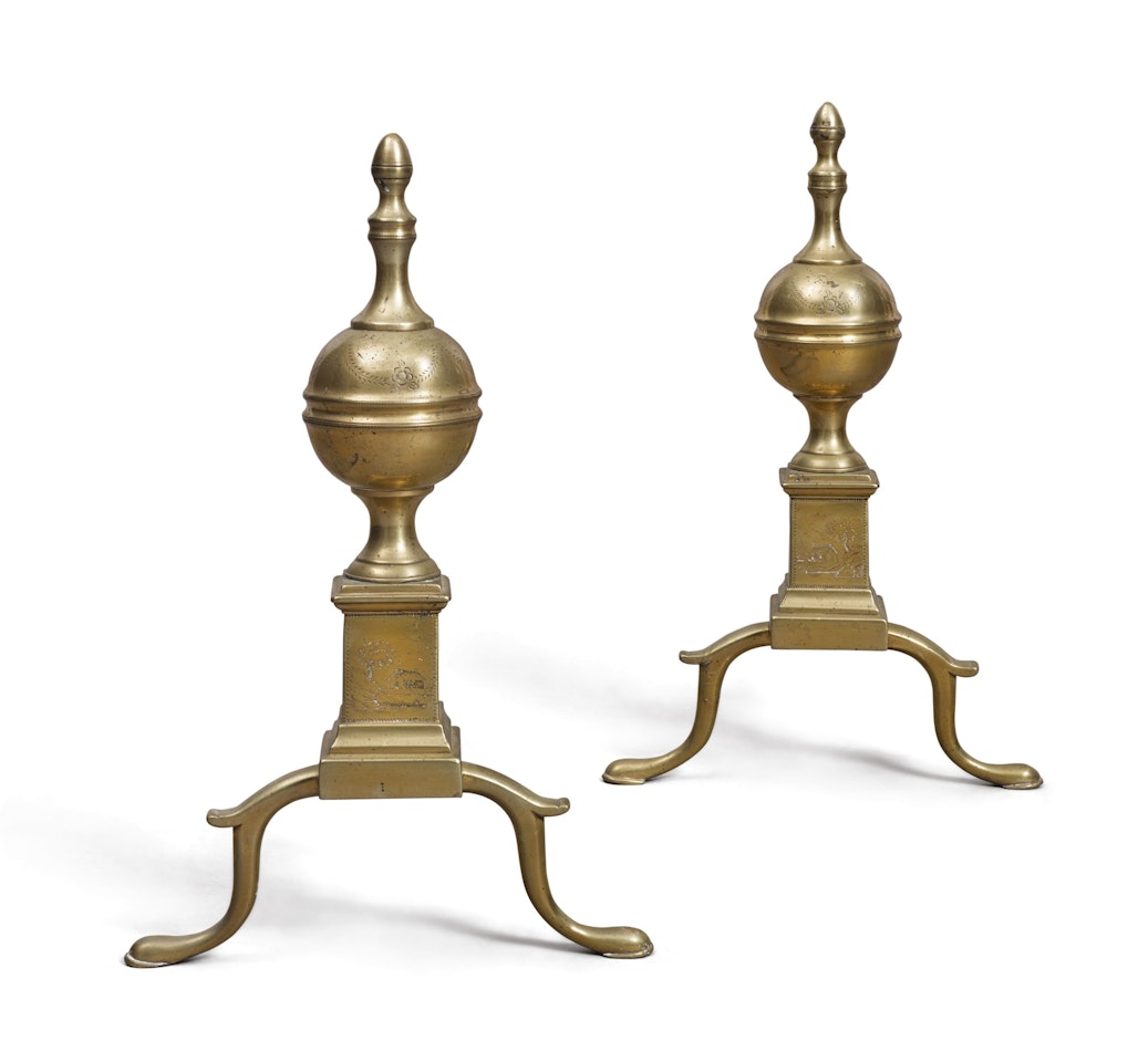 Rare Pair of Classical Cast and Engraved Brass and Wrought Iron Andirons by Anonymous