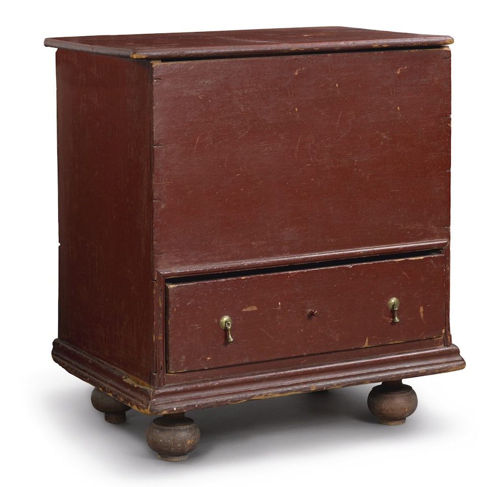 Rare William and Mary Red Painted Ball Foot Pine Chest with Drawer by Anonymous