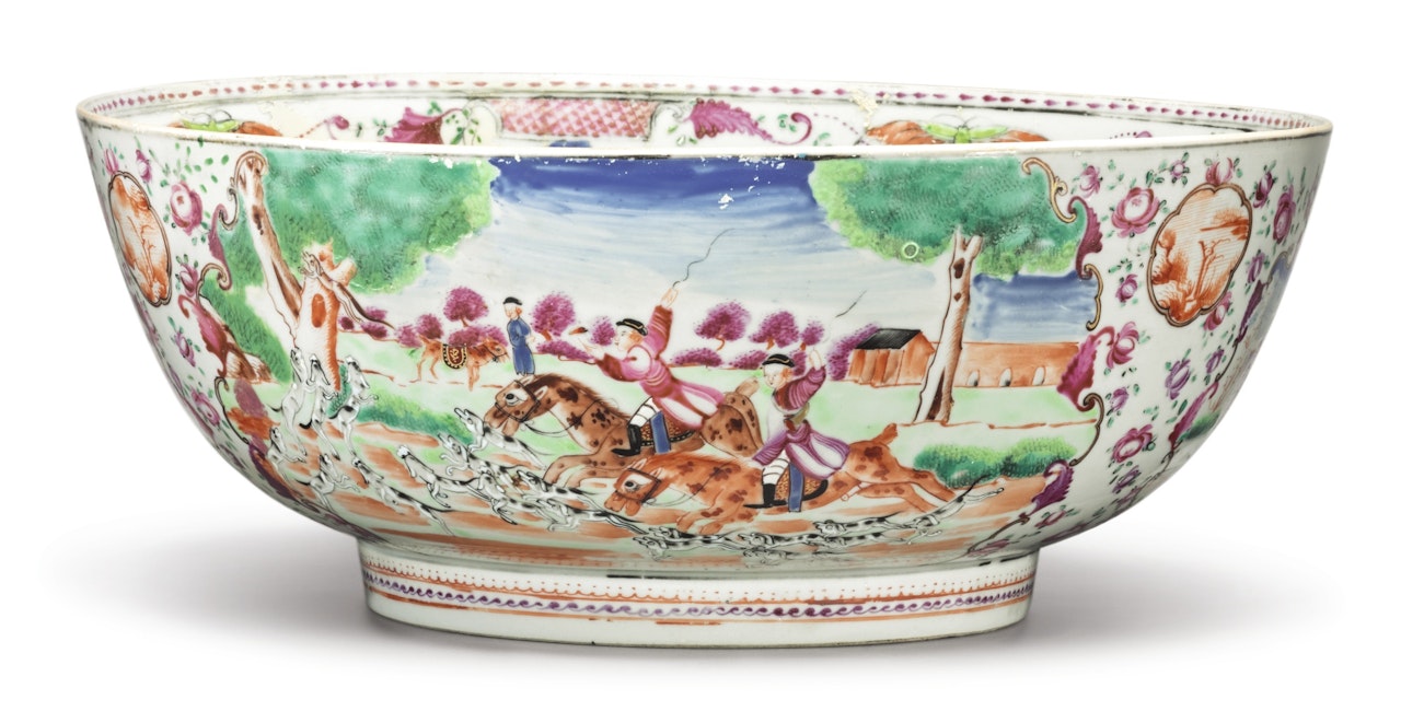 A CHINESE EXPORT FAMILLE-ROSE 'HUNTING' PUNCH BOWL by Anonymous