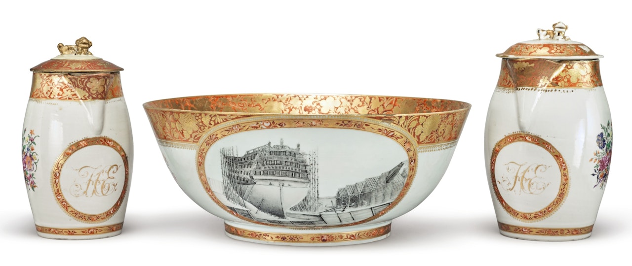A RARE CHINESE EXPORT PRESENTATION PUNCH BOWL AND TWO PUNCH JUGS AND COVERS by Anonymous