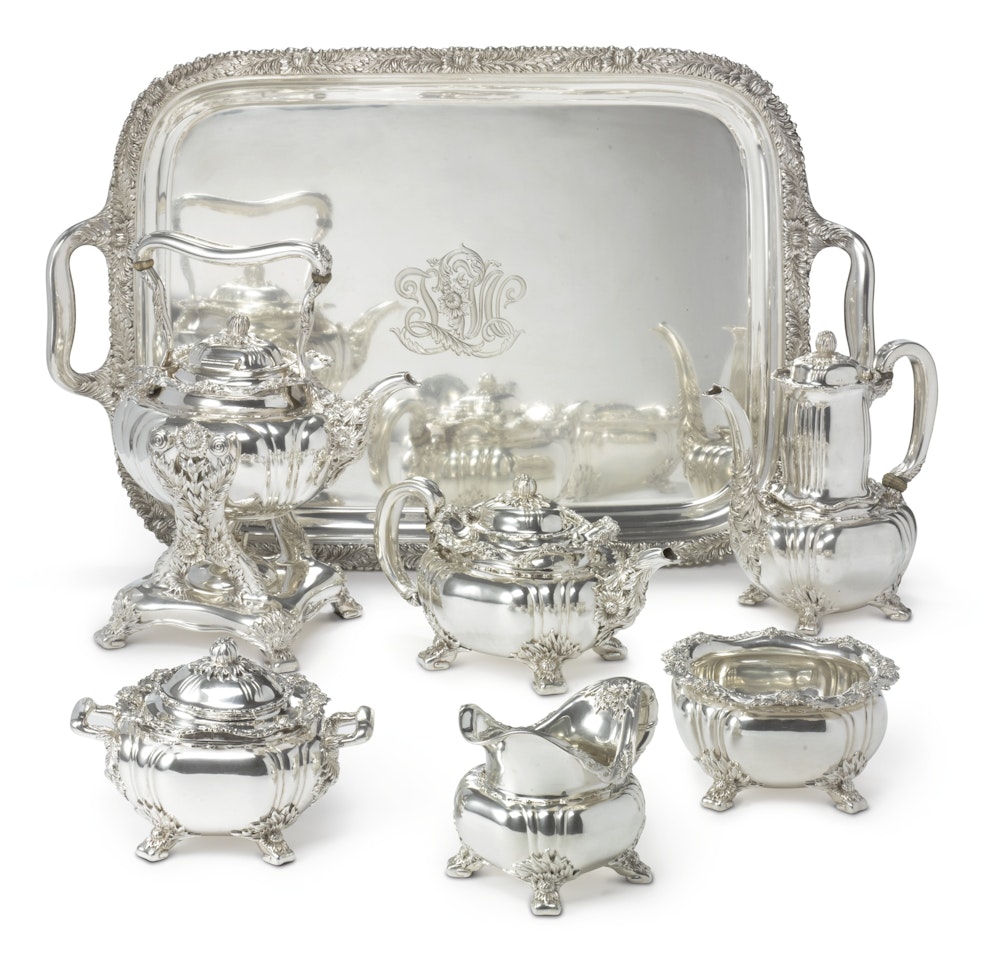 An American silver Chrysanthemum pattern six-piece tea and coffee set with matching tray by Anonymous
