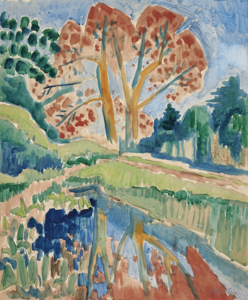HERBSTBAUM MIT SPIEGELUNG (AUTUMNAL TREE WITH REFLECTION) by Max Pechstein