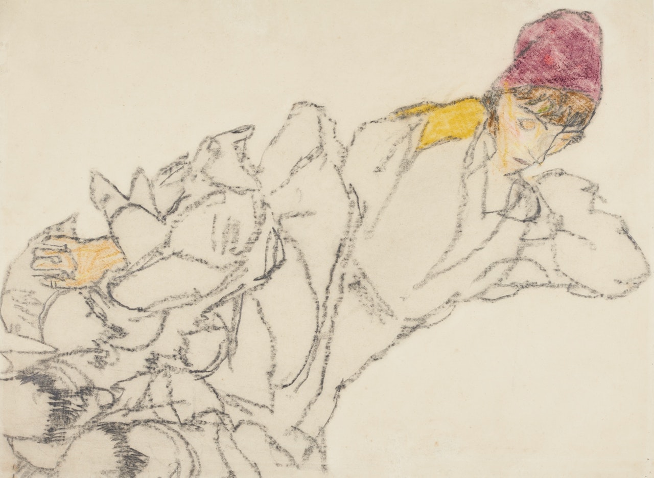LIEGENDE FRAU MIT MANTEL UND KAPPE (RECLINING FIGURE WITH COAT AND HAT) by Egon Schiele