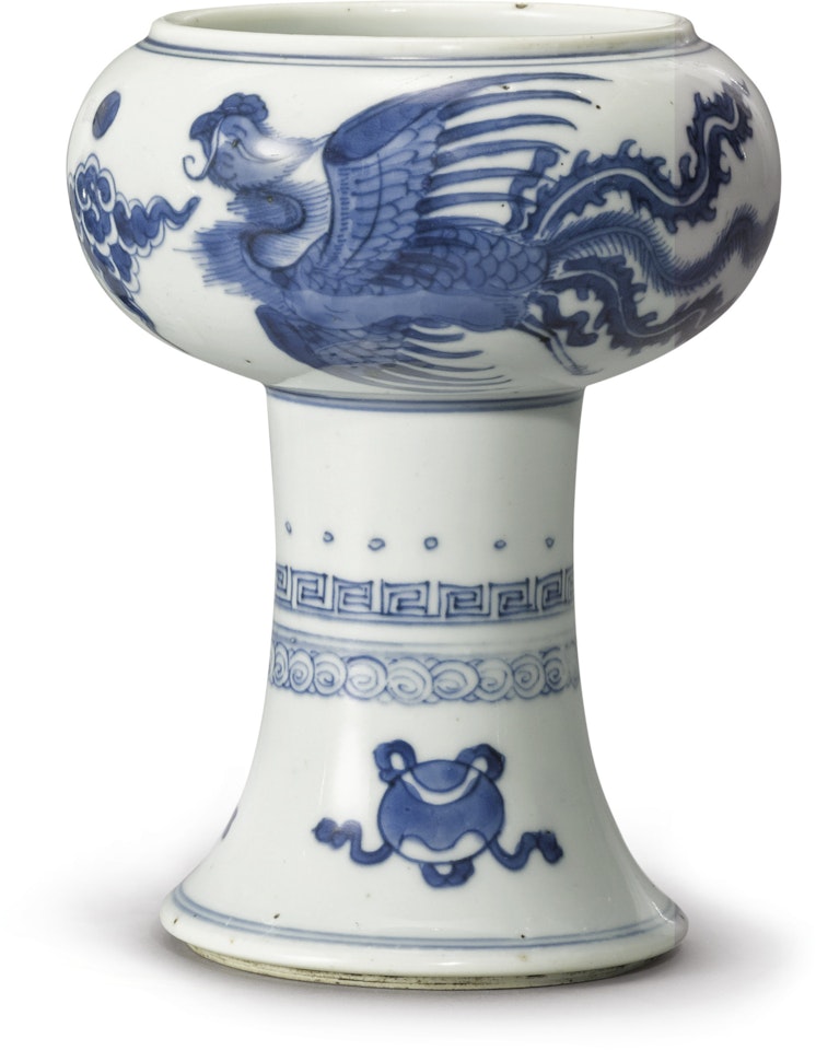 A BLUE AND WHITE 'PHOENIX' STEM CUP by Anonymous