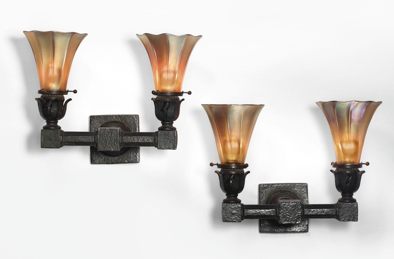 PAIR OF TWO-LIGHT "LILY" SCONCES by Tiffany Studios