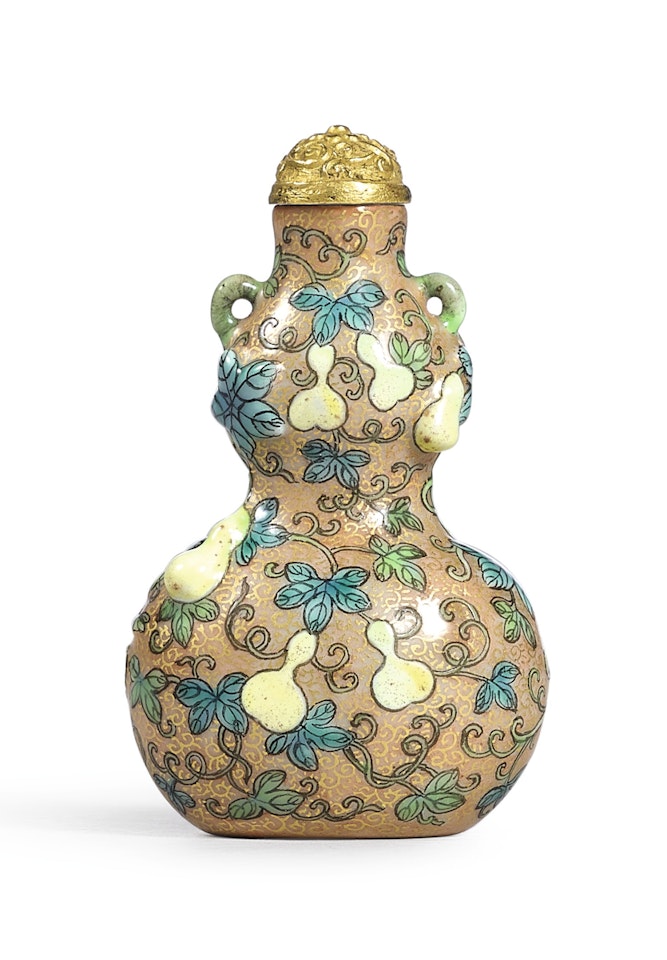A FINE GILT-DECORATED AND ENAMELLED MOULDED 'DOUBLE-GOURD' SNUFF BOTTLE by Anonymous