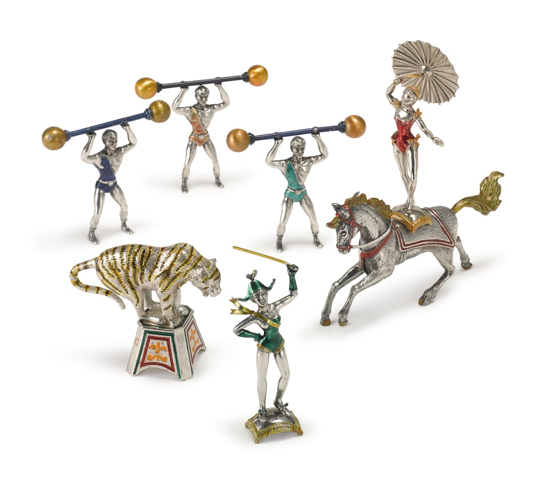 A group of American Silver and Enamel Circus Figures by Anonymous