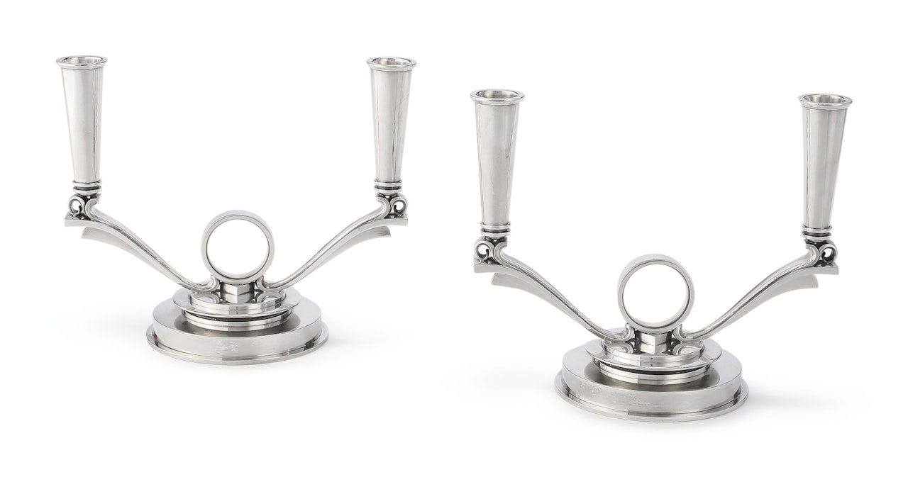 A pair of Danish silver two-light candelabra, no. 630B by Anonymous