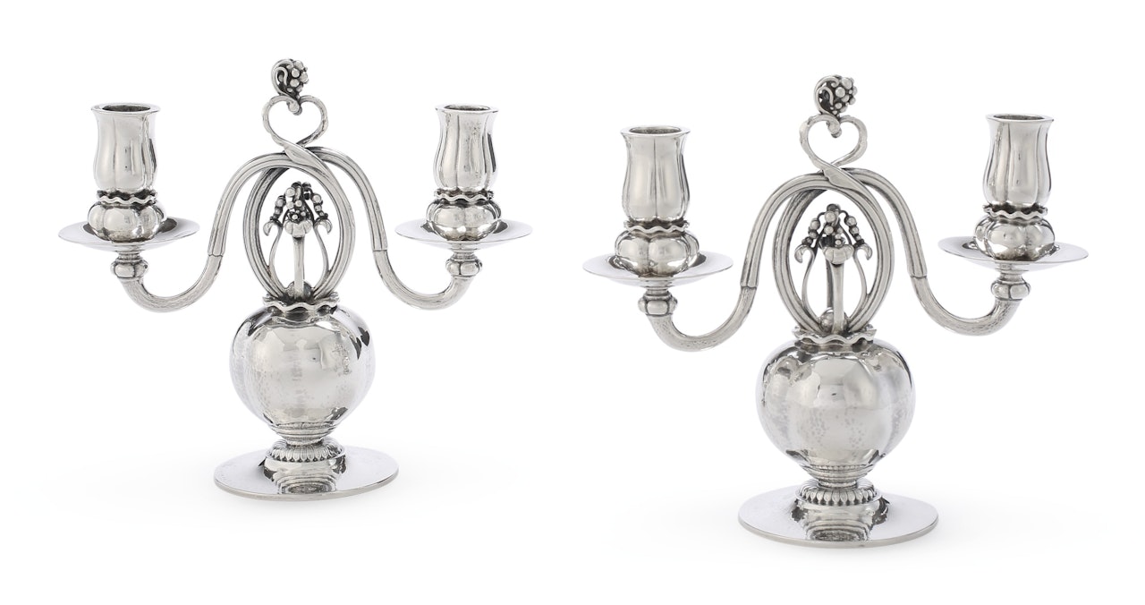 A pair of Danish silver two-light candelabra, no. 324 by Anonymous