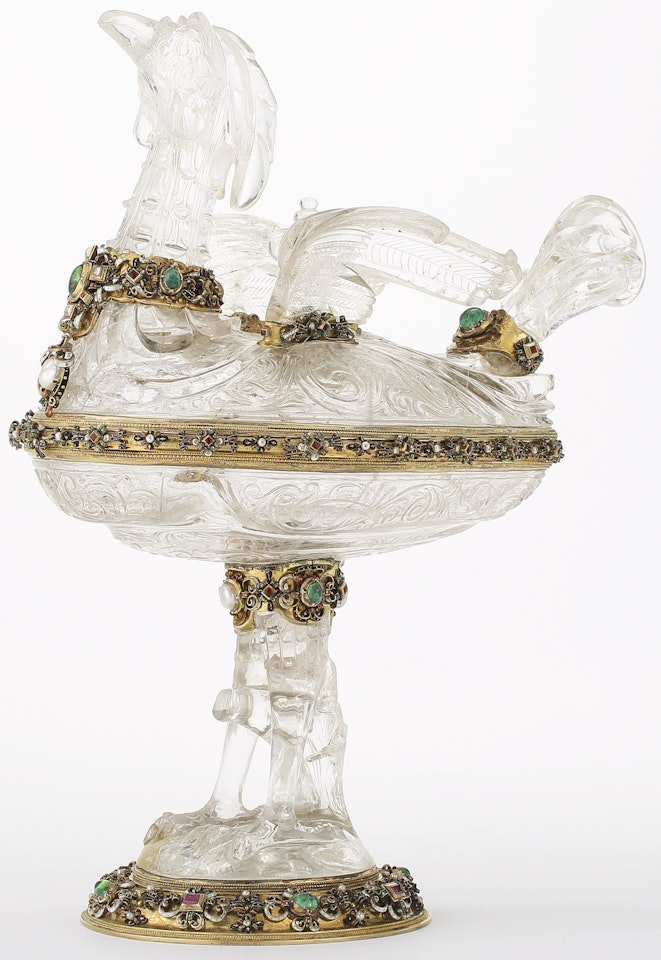 An Austrian silver-gilt, enamel and carved rock crystal cockerel-form covered Coupe set with jewels by Anonymous
