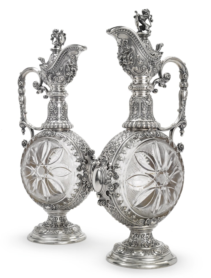 A pair of German silver-mounted cut-glass ewers by Anonymous
