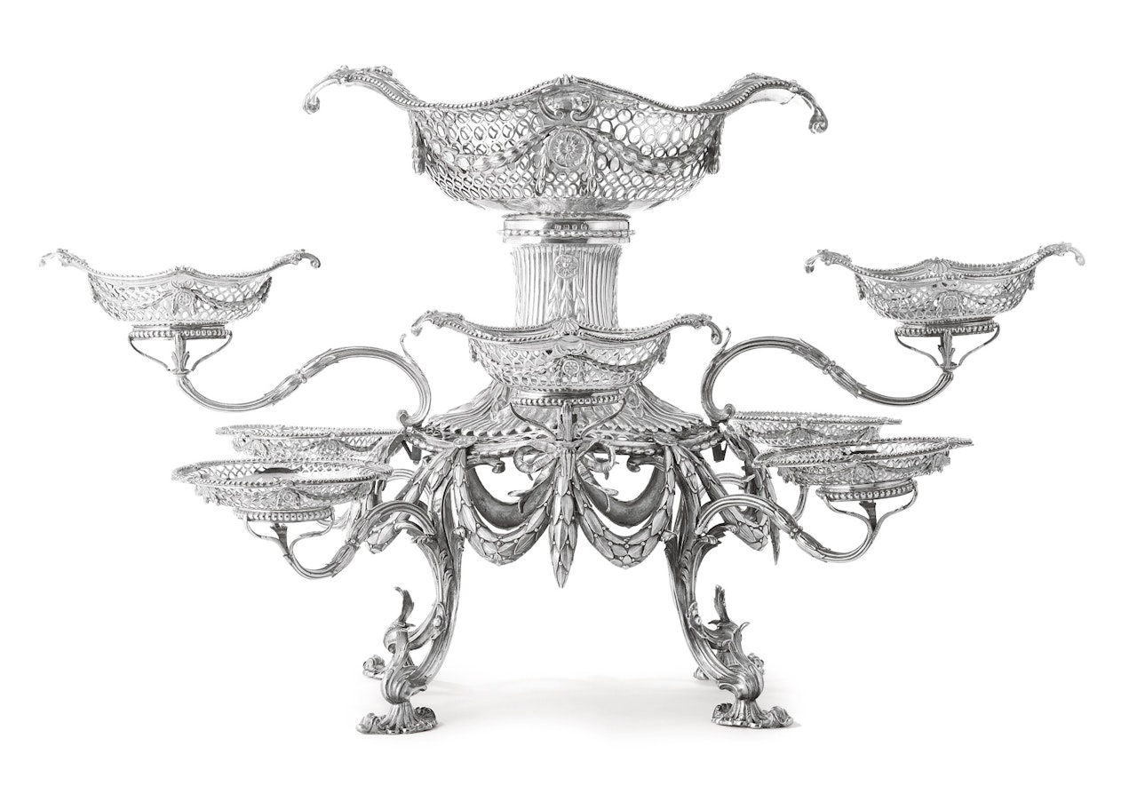 A George III silver nine-basket epergne by Anonymous