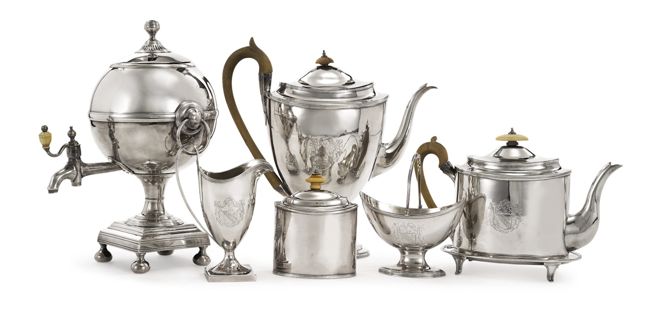 An assembled George III silver five-piece tea set by Anonymous