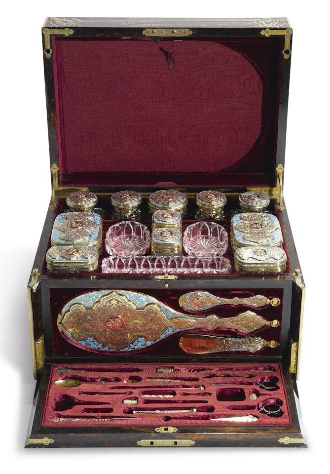 A Victorian enameled silver-gilt and cut-glass toilet set in a brass-mounted rosewood case by Anonymous