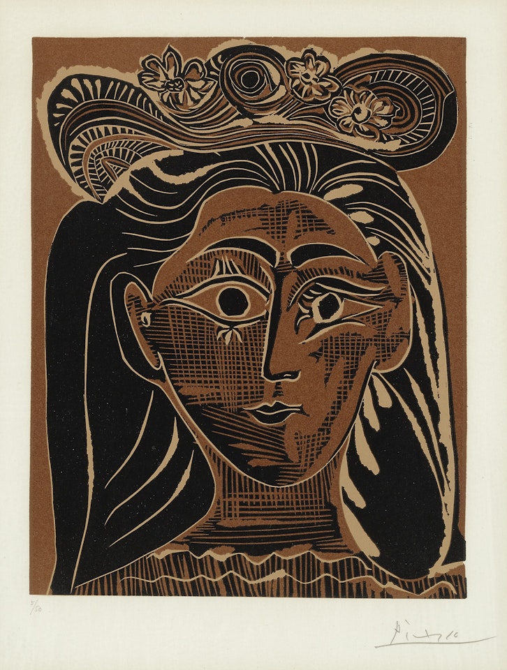 PORTRAIT DE JACQUELINE AU CHAPEAU DE PAILLE FLEURI (B. 1075; BA. 1322) by Pablo Picasso