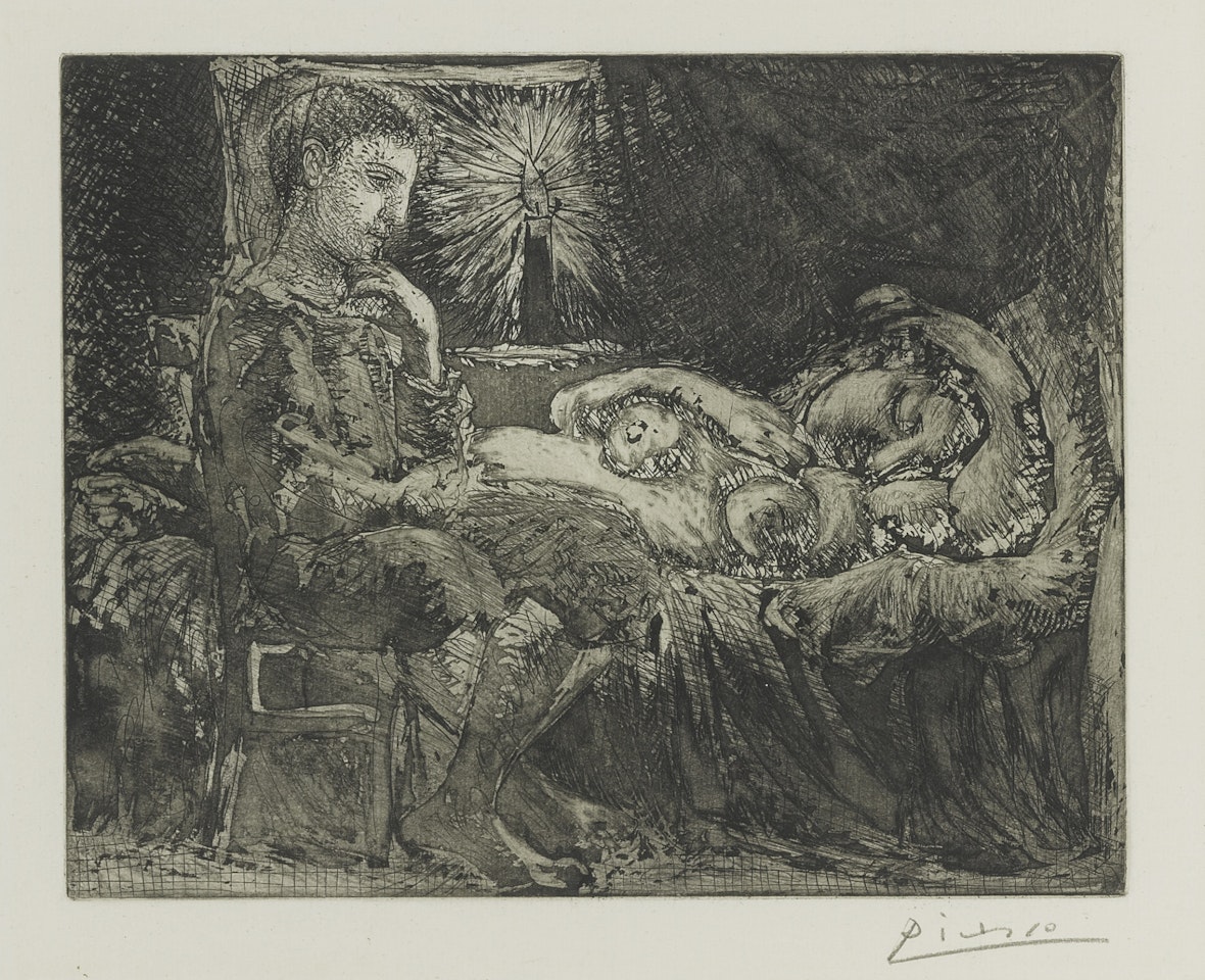 GARÇON PENSIF VEILLANT UNE DORMEUSE À LA LUMIÈRE D'UNE CHANDELLE (B. 226; BA. 440) by Pablo Picasso