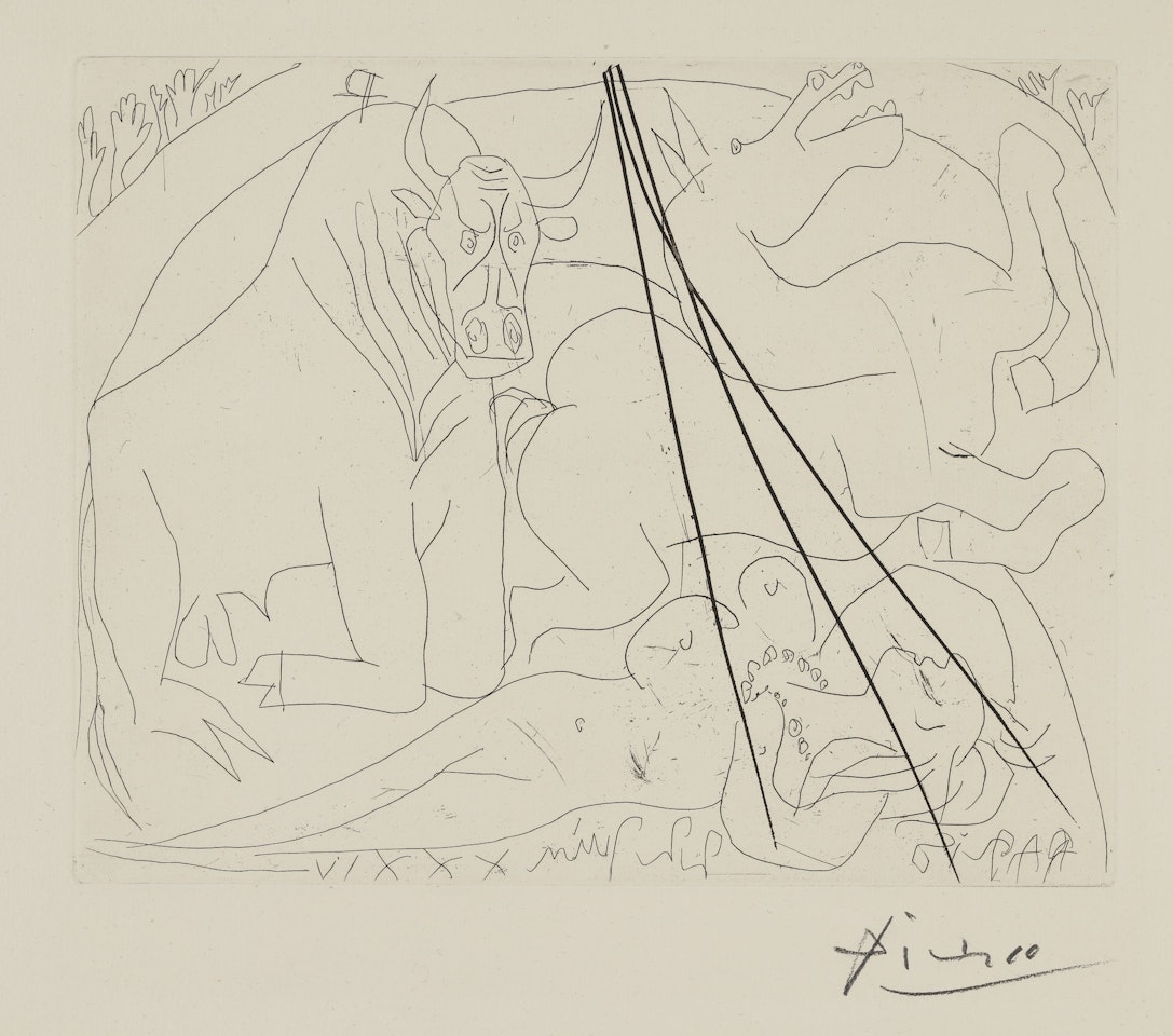 TAUREAU MOURANT AGENOUILLÉ DEVANT UNE FEMME NUE MORTE (B. 221; BA. 427) by Pablo Picasso