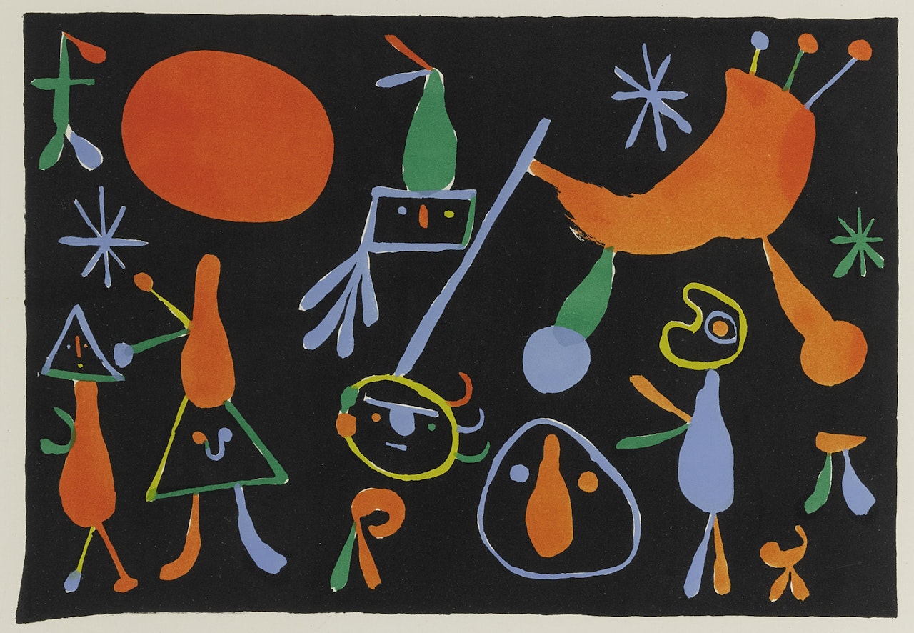 PERSONNAGES SUR FOND NOIR (MOURLOT 90) by Joan Miró