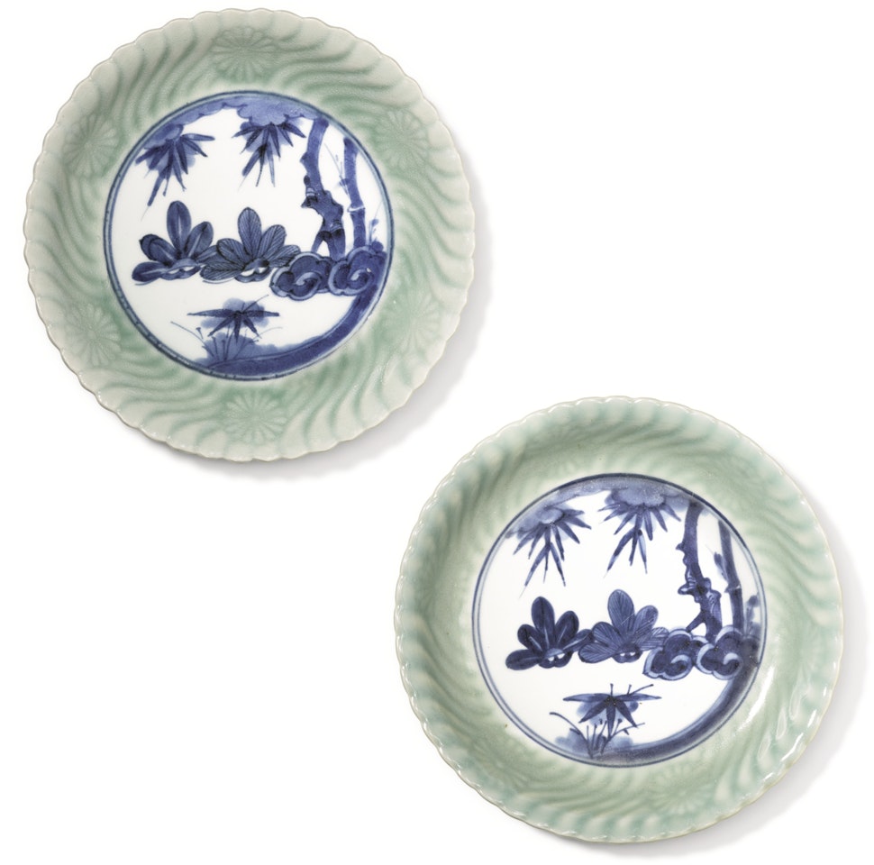 A pair of Japanese celadon-glazed and underglaze blue dishes by Anonymous