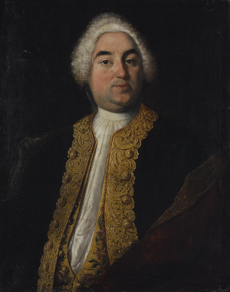 PORTRAIT OF A GENTLEMAN, WEARING A GOLD BROCADE JACKET AND ELABORATELY EMBROIDERED WAISTCOAT by Italian School